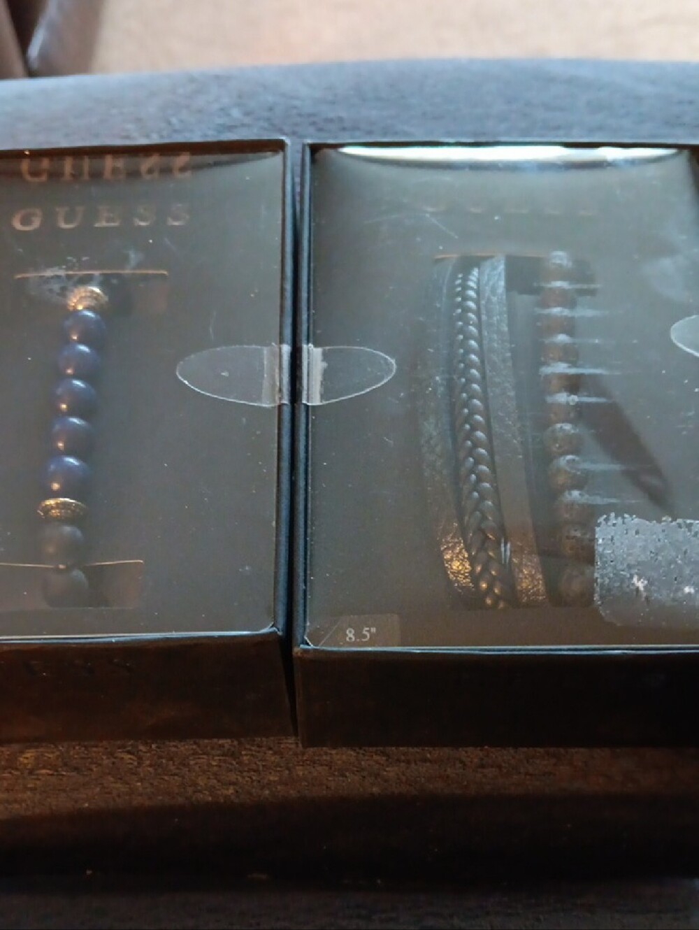 2 Sealed Guess Men’s Navy Beaded and Black Leather Bracelet Set